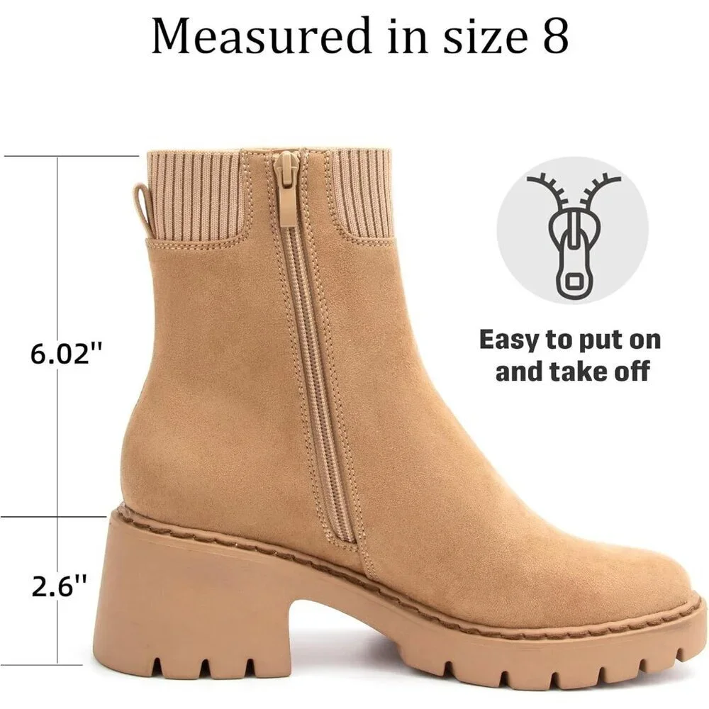 Women's Brown Platform Chelsea Boots Lug Sole Chunky Heel Zipper Slip On